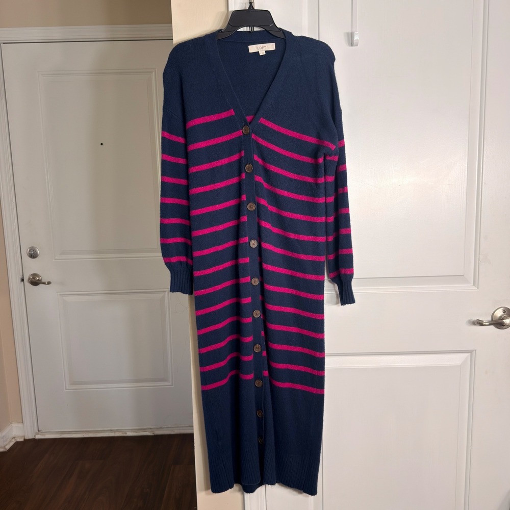 LOFT Striped Longline Cardigan Sweater Dress Navy Pink Button Front Small
